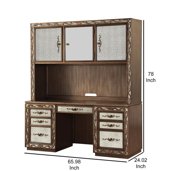 Benjara Wooden Computer Desk And Hutch With Vintage Mirror Fronts